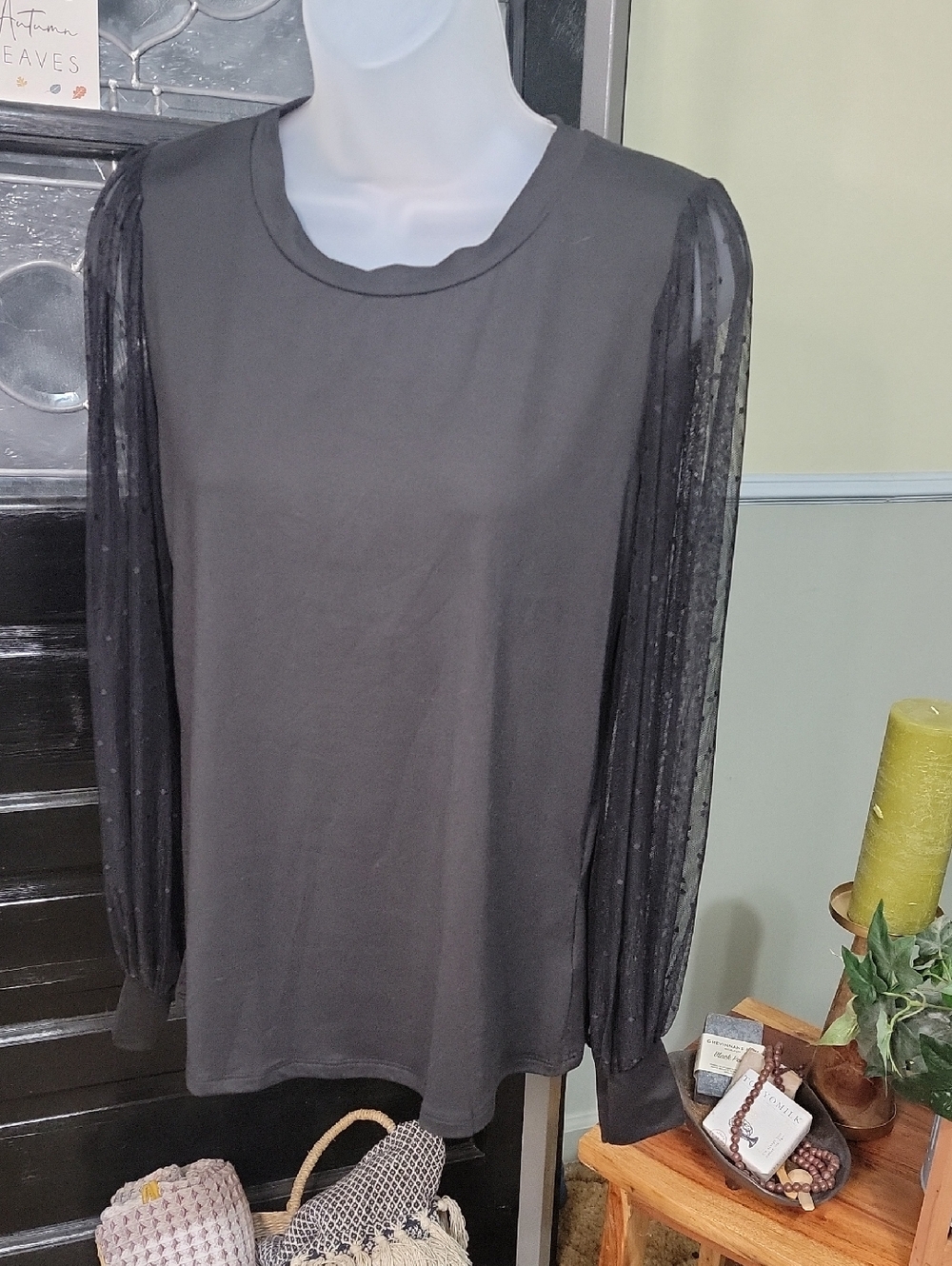 #80 Les Amis Black Crew With Sheer Polka Dot Sleeves Women Size S, M, L